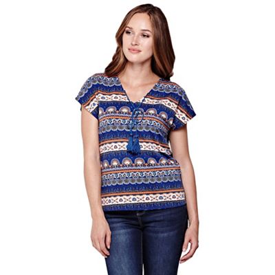 Yumi Blue Printed Top With Tassels